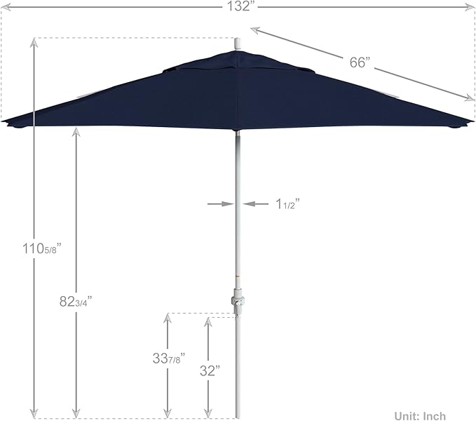 California Umbrella 11Ft Premium Patio Umbrella, Hand-Crank, Tilt-Collar, White Frame, Solution Dyed Navy Fabric