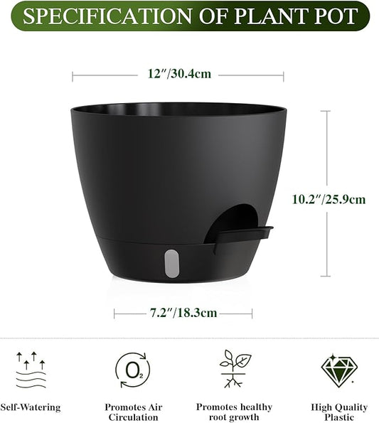 Plant Pots, 1 Pack 12 Inch Self Watering Pots with Drainage Holes, Water Level Indicator Deep Reservoir, Large Planters for Indoor Outdoor Plants - Black