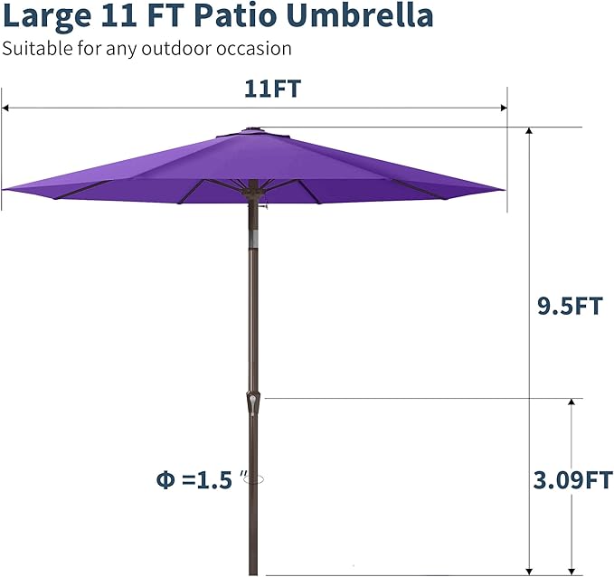 PatioKingdom 11FT Patio Umbrella,Outdoor Umbrella with Push Button Tilt and Crank,Market Table Umbrella with 8 Sturdy Fiberglass Ribs UV Protection(Dark Purple, 11FT)