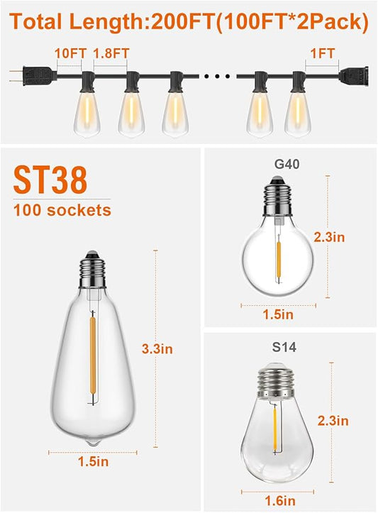 GPATIO 200FT(100FT*2Pack) Outdoor String Lights, Waterproof Patio Lights with 104 Dimmable Hanging Lights Globe ST38 Bulbs, 2700k Shatterproof for Backyard Gazebo Porch Garden Outside Decor
