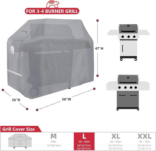 Turtle Life BBQ Grill Cover, 58 Inch Heavy Duty Waterproof 3-4 Burner Barbecue Gas Grill Covers for Weber Spirit Char-Broil Performance and Signature, Gray