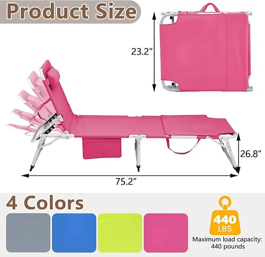 3-in-1 Heavy Duty Tanning Chair with Face Hole Adjustable 5-Position Folding Chaise Lounge Chairs Portable Lay Flat Beach Lounge Chair for Outdoor Sunbathing Patio Pool Lawn Camping Deck (Pink)