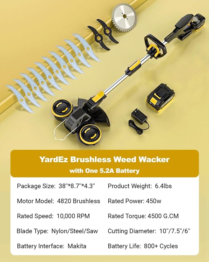 Cordless Weed Wacker with Brushless Motor, 20V 5.2Ah Battery Powered Weed Wacker with Blade, 3 in 1 Brush Cutter/Lawn Edger/Mower (One 5.2Ah Battery and Charger)