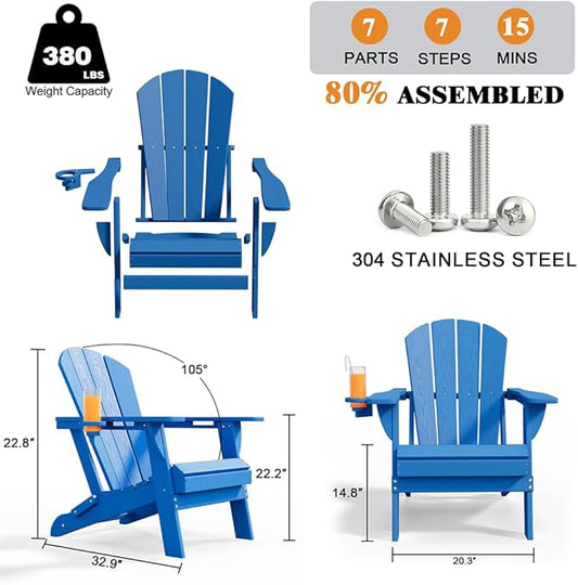 Folding Adirondack Chairs with Cup Holders, Set of 4 HDPE Plastic Outdoor Chairs, Weather Resistant, Real Wood Look, Heavy-Duty Patio Furniture for Deck, Fire Pit, Backyard, Blue