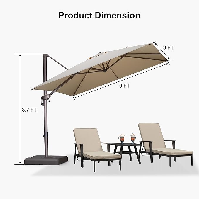PURPLE LEAF 9' X 9' Patio Umbrella With Base Square Cantilever Umbrella Outdoor with 360° Rotation and Aluminum Offset Hanging for Pool Deck Garden Backyard, Beige