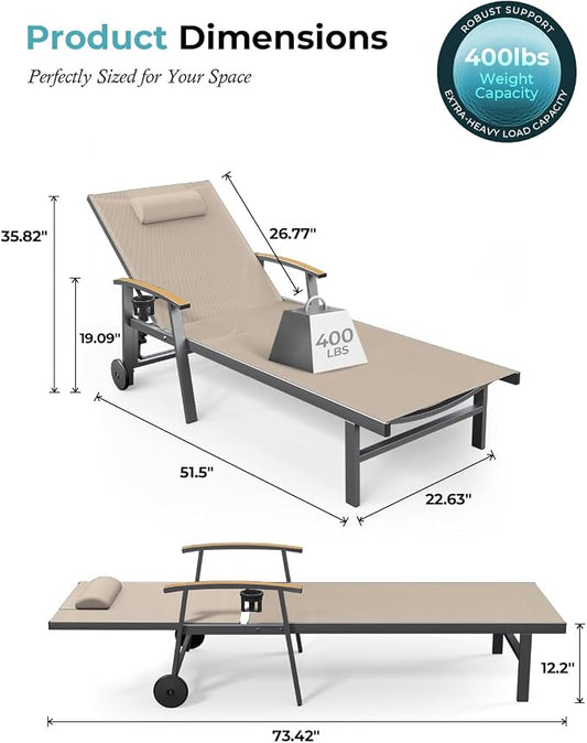 Ciokea Outdoor Lounge Chair with Pillow Set of 4, 5-Position Chaise Lounges with Wheels & Armrests, 400 lbs Heavy Duty Aluminum Pool Lounge Chairs, for Deck, Beach, Backyard & Poolside, Khaki