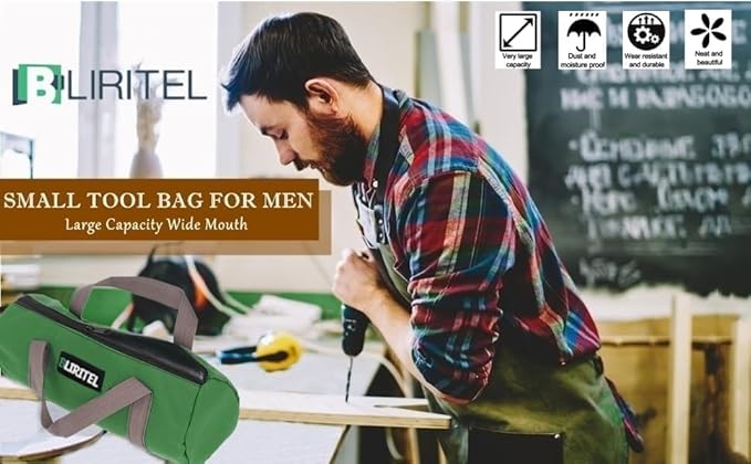 BLIRITEL 14 Inch Small Tool Bag for Men, Large Capacity Wide Mouth Canvas Storage Kit, Tote Handbag Organizer for Mechanic & Electrician Storage Wrenches (Green)