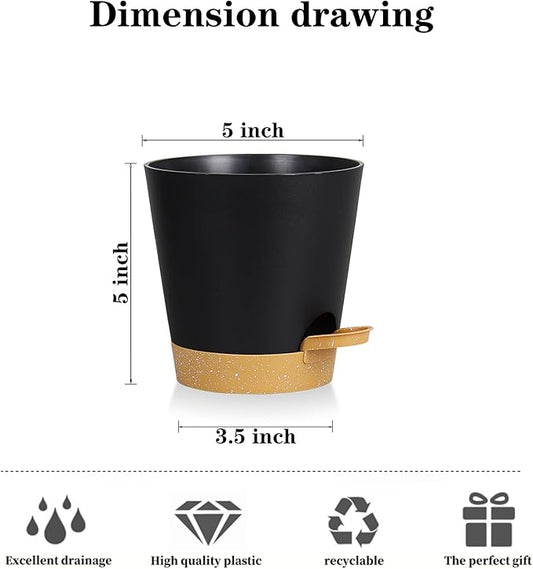 5 Pack 5 Inch African Violet Pots Self Watering, Self-Watering Planters with Drainage Holes & Reservoir, Black Brown Plastic Pots for Indoor Outdoor Plants, Succulents & Flowers