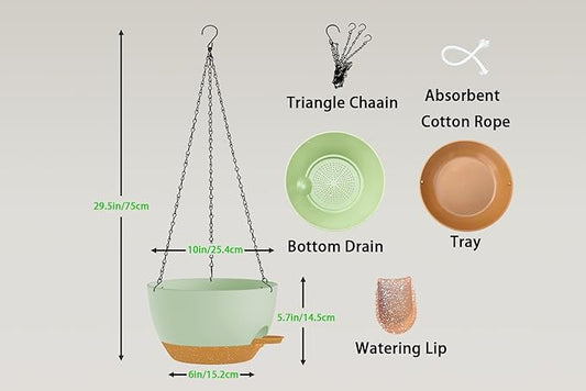 Hanging Planters, 3-Pack 10 Inch Self-Watering Pots with Drainage Holes and Chains, Matte Plastic Planters for Indoor/Outdoor Plant(Green Brown)