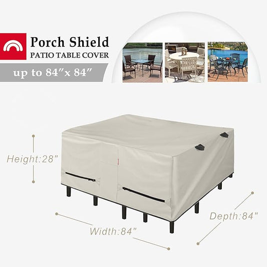 Porch Shield Patio Table Cover - Waterproof Outdoor Dining Table and Chairs Furniture Set Cover Square - 84 x 84 inch, Beige