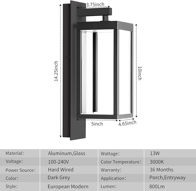 2-Pack Outdoor Wall Sconce Exterior IP54 Waterproof LED Wall Light Fixture Modern Wall Mount Lamp Lantern Anti-Rust Grey Finish Aluminum Light Body for Porch Entryway Doorway 13W 750Lm 3000K