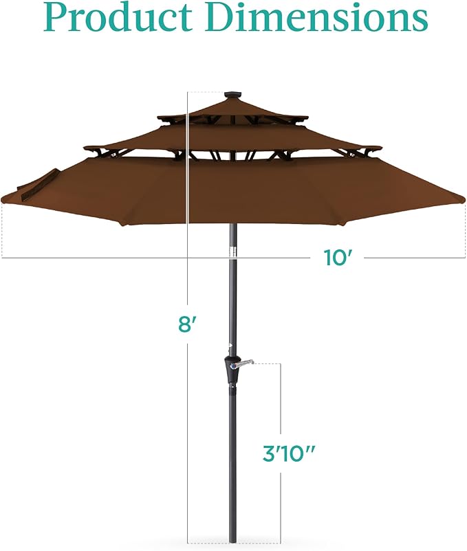 Best Choice Products 10ft 3-Tier Solar Patio Umbrella, Outdoor Market Sun Shade for Backyard, Deck, Poolside w/ 24 LED Lights, Tilt Adjustment, Easy Crank, 8 Ribs - Brown