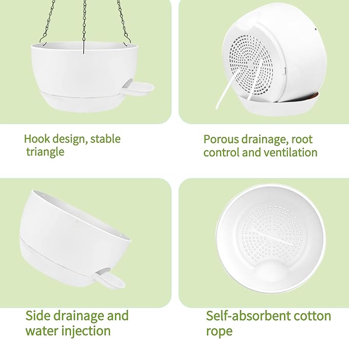 2 Pack Hanging Planters for Indoor Outdoor Plants, 12Inch Self Watering Hanging Pot with Drainage Holes and Saucer, Plastic Plant Pots, White Flower Pots for Kitchen, Balcony, Garden