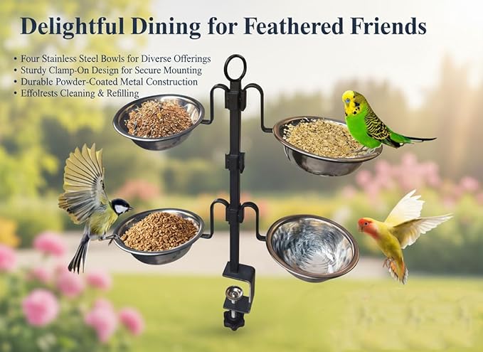 Deck Bird Feeder, 3-Tier Adjustable Railing Clamp-On Feeder with Four Stainless Steel Bowls for Balcony Patio Outdoor Use