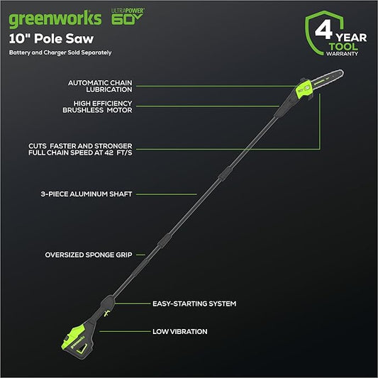 Greenworks 60v Pro 10-Inch Cordless pole Saw (only tool), 13m/s Cutting Speed, Brushless Motor, Auto Oiling