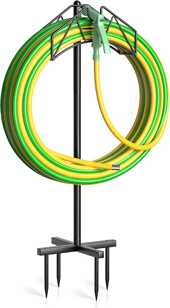 Garden Hose Holder, Heavy Duty Water Hose Holder Holds 150/160ft Hose for Outside, Hose Stand Storage Rack Freestanding with Nozzle Holder & Stable Base,Metal Hanger for Yard Lawn Farm Gardening Tools