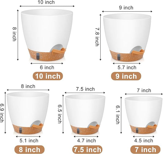 QRRICA Plant Pots 10/9/8/7.5/7 Inch Self Watering Pots, with Drainage Holes and Saucers,Water Level Indicator & Deep Reservoir,Large Plastic Planter for Indoor Out Door Plants (White)