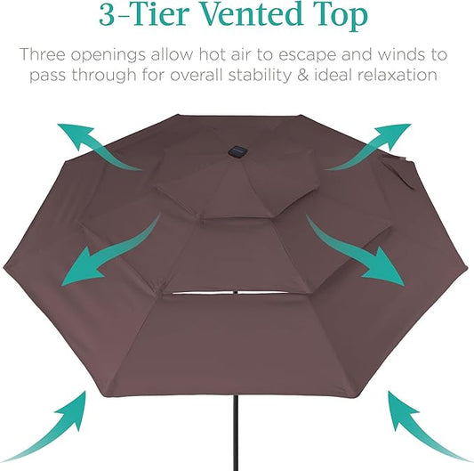 Best Choice Products 10ft 3-Tier Solar Patio Umbrella, Outdoor Market Sun Shade for Backyard, Deck, Poolside w/ 24 LED Lights, Tilt Adjustment, Easy Crank, 8 Ribs - Deep Taupe
