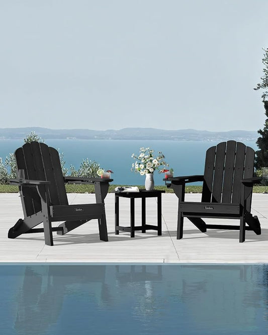 Folding Adirondack Chairs Set of 2, All-Weather HDPE Fire Pit Chair with 2 Cup Holders, Plastic Outdoor Chair for Patio Deck Garden Lawn, Black
