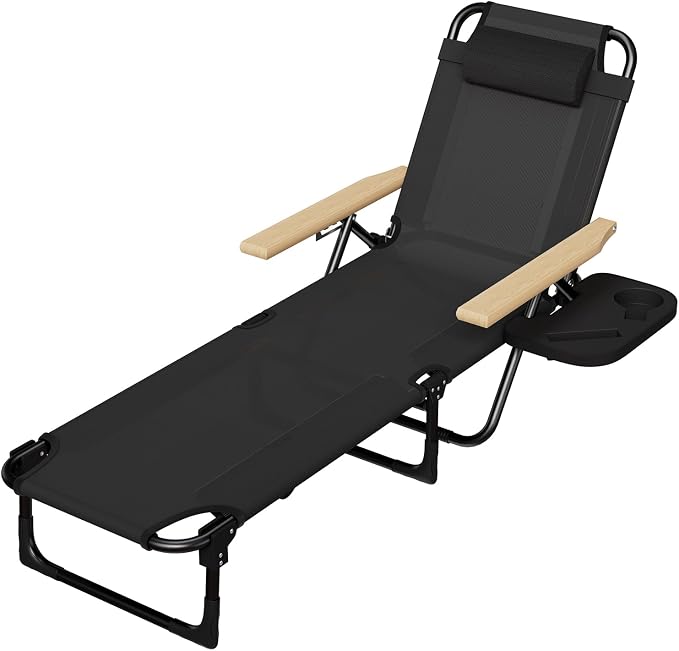 Foldable Chaise Lounge Chair Outdoor, 4-Position Reclining Outdoor Lounge Chairs with Wooden Armrest, Folding Sun Lounger with Removable Pillow for Garden Beach Patio Camp (Black)