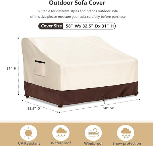 2-Seater Patio Sofa Cover, 600D Heavy Duty Waterproof Outdoor Sofa Covers, 58 W x 32.5 D x 31 H Inches Outdoor Couch Cover, Patio Furniture Covers, Lvory&Brown