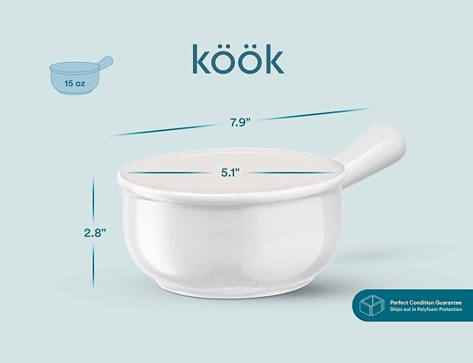 KooK French Onion Soup Bowls, French Onion Soup Crocks, Soup Bowl with Handles, 15 oz, Set of 4, Ceramic Bowls, Microwave, Dishwasher Safe & Oven safe, Stoneware,(White)