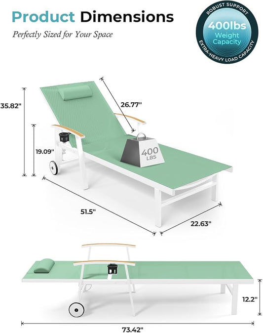 Ciokea Outdoor Lounge Chair with Pillow Set of 4, 5-Position Chaise Lounge with Wheels & Armrests, 400 lbs Heavy Duty Aluminum Pool Lounge Chairs, for Beach, Deck, Poolside & Backyard, Light Green