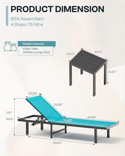 Pool Lounge Chairs Set of 2,Outdoor Lounge Chairs with Wheels and 5-Position Recliner -Easy to Move- Aluminum Patio Lounge Chair for Poolside, Deck (Lakeblue)