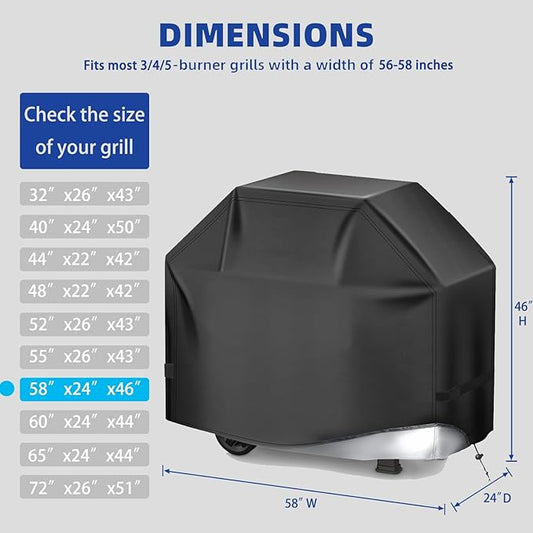 Perfect Grill Cover for Outdoor Grills Waterproof Rip-Proof Weather Resistant for Reliable Protection Griddle Cover Easy to Clean Adjustable Hem Drawstring Fade Resistant (Black, 58)