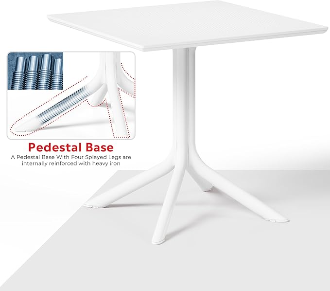 Costaelm Dining Room Chairs Set of 4, HDPE Patio Square Coffee Table and Stackable Chairs, Outdoor Deck Furnitures All Weather for Backyard Poolside, White