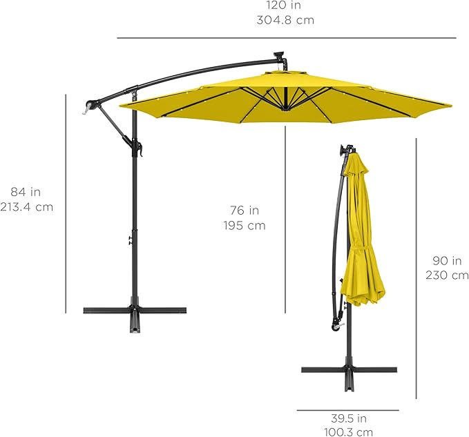 Best Choice Products 10ft Solar LED Offset Hanging Market Patio Umbrella for Backyard, Poolside, Lawn and Garden w/Easy Tilt Adjustment, Polyester Shade, 8 Ribs - Yellow