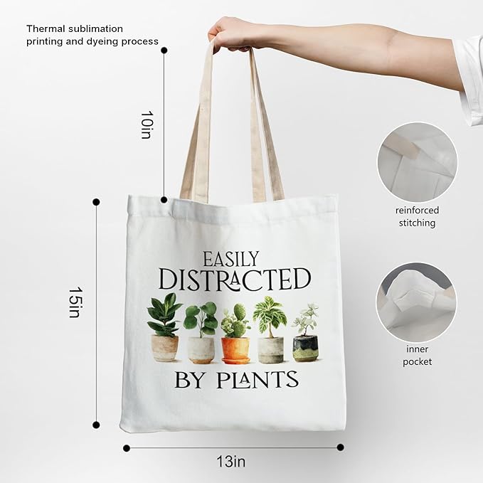 Funny Plant Tote Bag, Plant Lover Mom Lady Gifts Canvas Tote Bags, Gardening Gardener Gifts for Women, Easily Distracted by Plants Reusable Grocery Shopping Bags