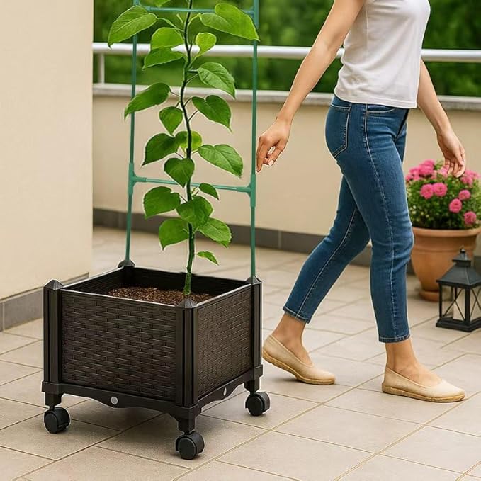 Sherbo Raised Garden Bed Planter Box on Wheels with Trellis, Rattan Style Raised Planter for Outdoor Plants, Compact Mobile Planter Box for Patio or Balcony