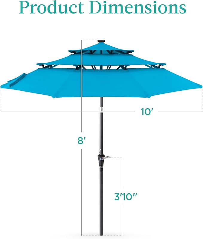 Best Choice Products 10ft 3-Tier Solar Patio Umbrella, Outdoor Market Sun Shade for Backyard, Deck, Poolside w/ 24 LED Lights, Tilt Adjustment, Easy Crank, 8 Ribs - Sky Blue
