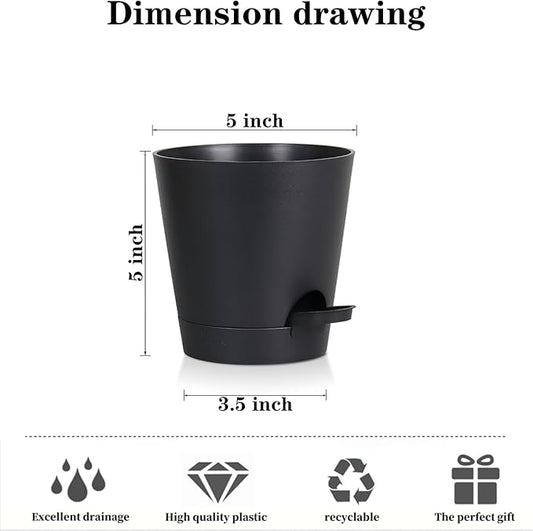 5 Pack 5 Inch African Violet Pots Self Watering, Self-Watering Planters with Drainage Holes & Reservoir, Black Plastic Pots for Indoor Outdoor Plants, Succulents & Flowers