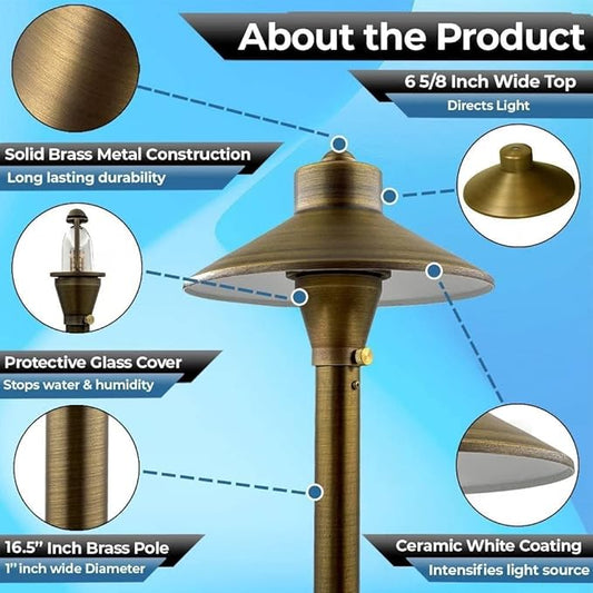 LED Low Voltage Pathway Lights 121- Solid Brass Outdoor Landscape Lights for Garden Pathway & Driveway Outdoor Lighting, 12V Landscape Lighting with Ground Stake & G4 LED Bulb (1 Pack Wide Top 8-1/2")