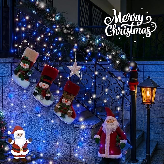 4 Pack 180FT Solar Christmas Lights Outdoor Waterproof, Super Bright 320 LED Solar String Lights with 8 Lighting Modes, Green Wire Solar Twinkle Tree Lights for Outside Xmas Party(Blue and White)