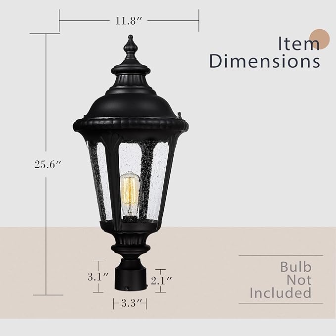 Emliviar 25 Inch Outdoor Post Light for House, Vintage Exterior Pole Lantern Light Fixture, Black Finish with Seeded Glass Shade, XE265P BK