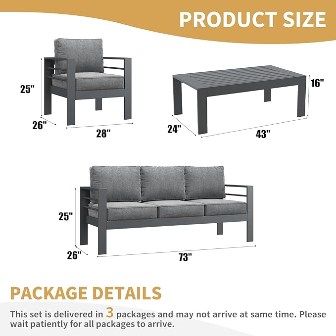 LayinSun Outdoor Aluminum Furniture Set, 4 Pieces Patio Sectional Conversation Chat Sofa Modern Seating Set with Coffee Table