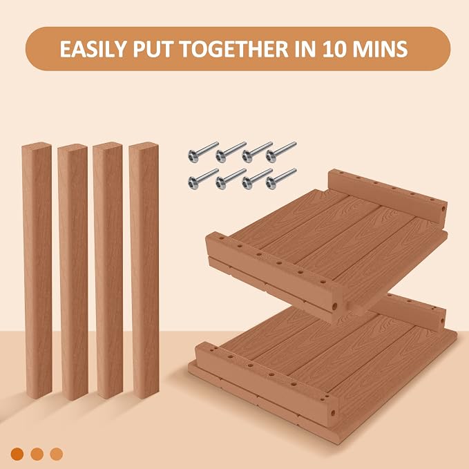 2 Tier Outdoor Side Table with Wood-Like Grain, 16.6" HDPE Adirondack Table Patio Side Table, Weather Resistant End Table for Pool, Patio & Porch, Small Outdoor Table(Teak, Rectangle)