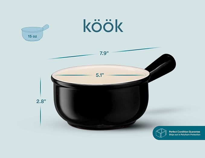 KooK French Onion Soup Bowls, French Onion Soup Crocks, Soup Bowl with Handles, 15 oz, Set of 4, Ceramic Bowls, Microwave, Dishwasher Safe & Oven safe, Stoneware,(Black)