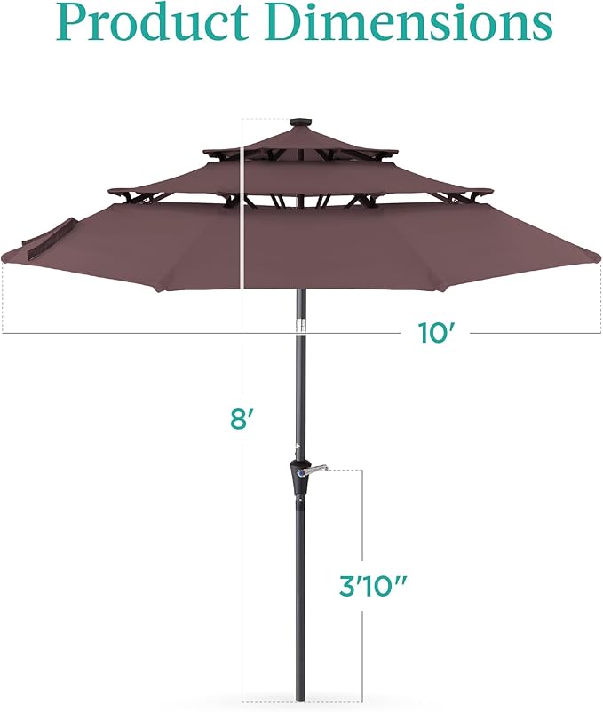 Best Choice Products 10ft 3-Tier Solar Patio Umbrella, Outdoor Market Sun Shade for Backyard, Deck, Poolside w/ 24 LED Lights, Tilt Adjustment, Easy Crank, 8 Ribs - Deep Taupe