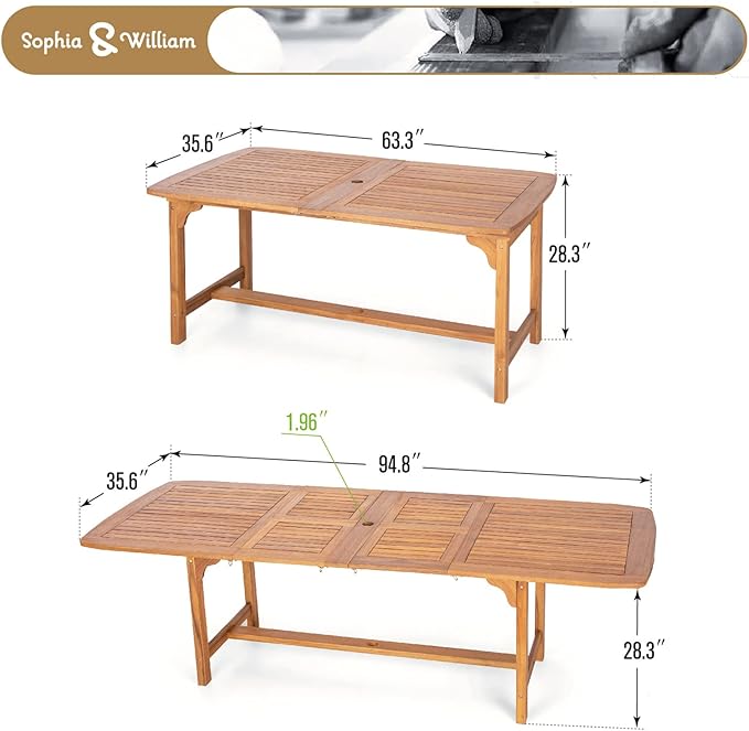 Sophia & William Acacia Wood Expandable Patio Dining Table for 6-8, Outdoor Oil Finish Extending Rectangular Wooden Picnic Table with 1.97" Umbrella Hole, Natural Wood Table for Porch Yard Deck, Teak