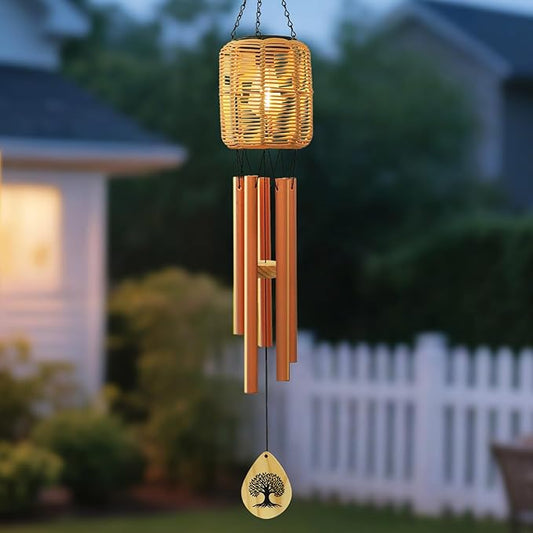 Solar Wind Chimes with Rattan Lantern Outside Lighted Wind Chime for Garden, Patio, Yard – Decor for Festivals/Birthday/Christmas, fot Women Men Home Garden Patio Decor