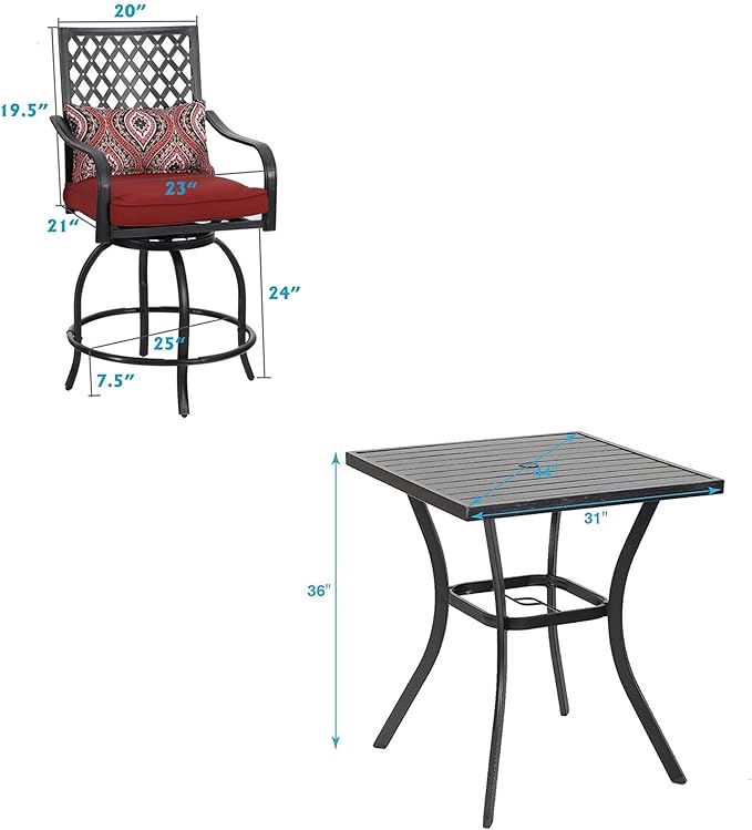 MFSTUDIO 3 PCS Outdoor Patio Bar Sets, 2 Swivel Bar Height Chairs and 1 Metal Bar Table,2 Pack Seat Cushions, Adjust Screw Feet, Black