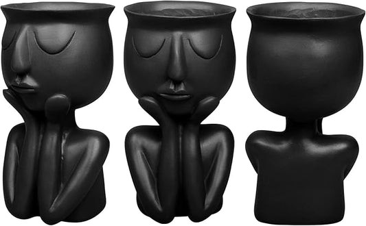 Simple and Creative Decorative Flower Pots, Resin Face Planter Pots, Vase for Small Succulent, Flower Pot Pencil Pen Holder, Minimalist Decorative, Modern Vases for Home Office Shelf Decor (Black)