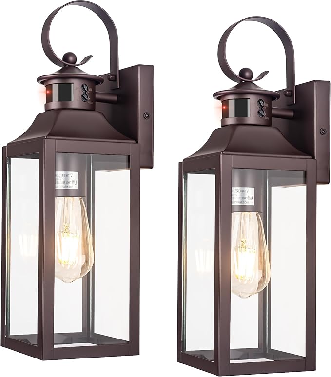 Motion Sensor Outdoor Wall Lights 2 Pack - Oil Rubbed Bronze Dusk to Dawn Light Fixtures, 16" Exterior Wall Sconces, Large Brown Outside Lamps for House, Modern Wall Lanterns