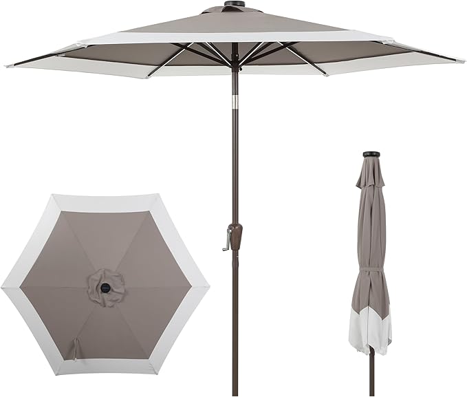 JONATHAN Y UMB1100C Spencer 9 ft. Classic Coastal 2-Tone Solar LED Market Patio Umbrella with 12 LED Strip Lights, Auto-Tilt, Crank Protection in Gray/White