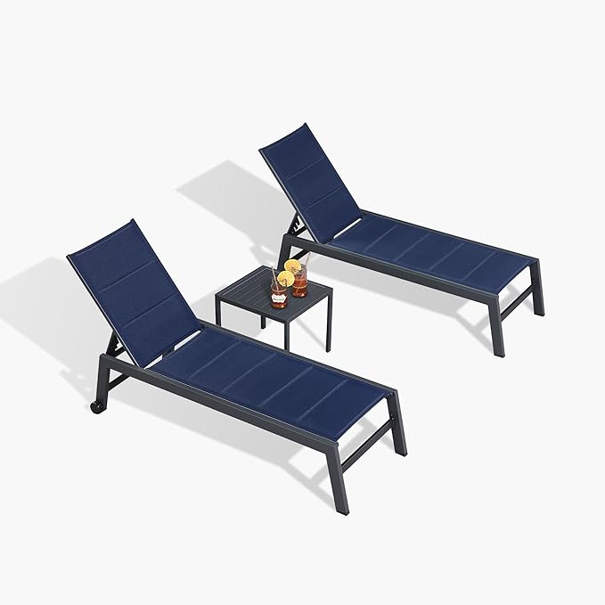 PURPLE LEAF Outdoor Patio Chaise Lounge Set of 4 Aluminum Lounge Chair with Wheels and Side Table Pool Chaise Chair for Outdoor Garden Poolside Navy Blue