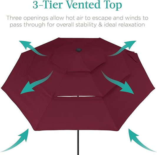 Best Choice Products 10ft 3-Tier Solar Patio Umbrella, Outdoor Market Sun Shade for Backyard, Deck, Poolside w/ 24 LED Lights, Tilt Adjustment, Easy Crank, 8 Ribs - Burgundy